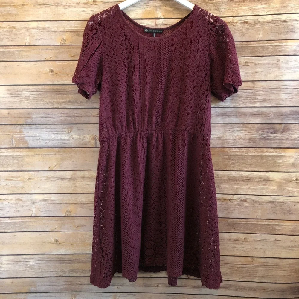 House Of Harlow 1960 Sheer Crochet Lace Burgundy Mini Dress Size Small